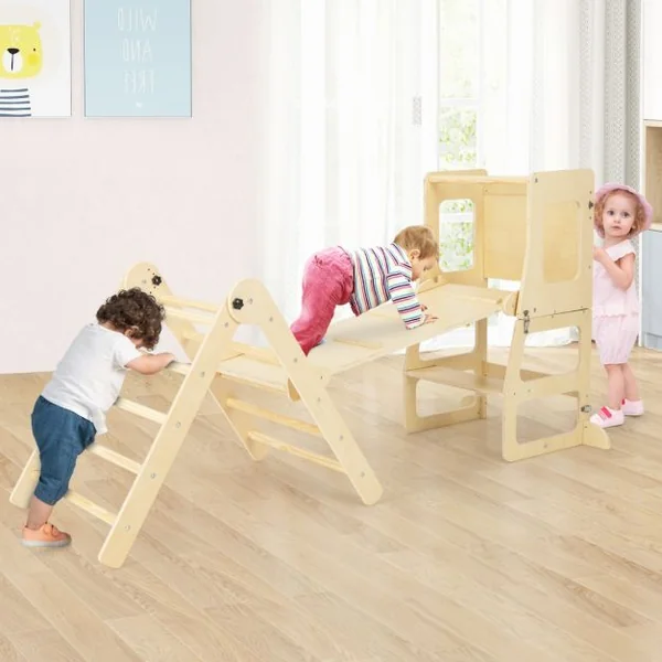 Ensemble de Jouets d'Escalade 7 en 1 pour Tout-petits Pliable Rampe Réversible Marchepied Convertible Table et Chaise Tableau pour 3-4 ans Naturel/Multicolore