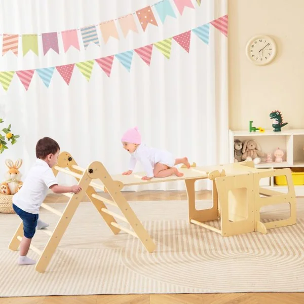 Ensemble de Jouets d'Escalade 7 en 1 pour Tout-petits Pliable Rampe Réversible Marchepied Convertible Table et Chaise Tableau pour 3-4 ans Naturel/Multicolore