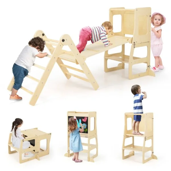 Ensemble de Jouets d'Escalade 7 en 1 pour Tout-petits Pliable Rampe Réversible Marchepied Convertible Table et Chaise Tableau pour 3-4 ans Naturel/Multicolore