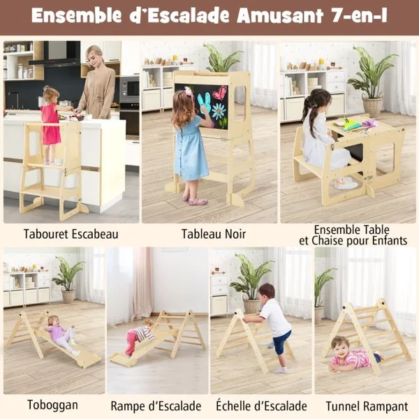 Ensemble de Jouets d'Escalade 7 en 1 pour Tout-petits Pliable Rampe Réversible Marchepied Convertible Table et Chaise Tableau pour 3-4 ans Naturel/Multicolore