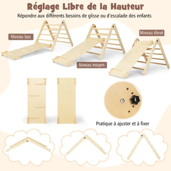 Ensemble de Jouets d'Escalade 7 en 1 pour Tout-petits Pliable Rampe Réversible Marchepied Convertible Table et Chaise Tableau pour 3-4 ans Naturel/Multicolore