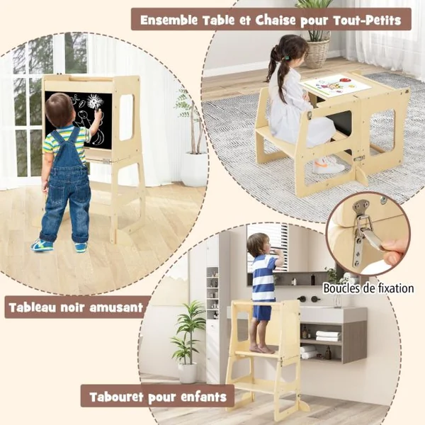 Ensemble de Jouets d'Escalade 7 en 1 pour Tout-petits Pliable Rampe Réversible Marchepied Convertible Table et Chaise Tableau pour 3-4 ans Naturel/Multicolore