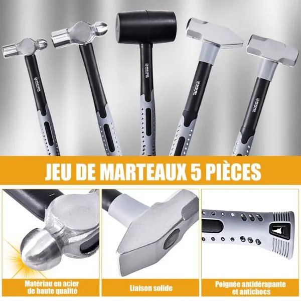 Ensemble de Marteaux 5PCS en Fer avec Poignée de Réduction des Chocs Kit Multi-outils avec Marteau à Panne Ronde et Panne Croisée Maillet
