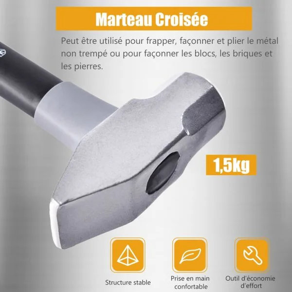 Ensemble de Marteaux 5PCS en Fer avec Poignée de Réduction des Chocs Kit Multi-outils avec Marteau à Panne Ronde et Panne Croisée Maillet
