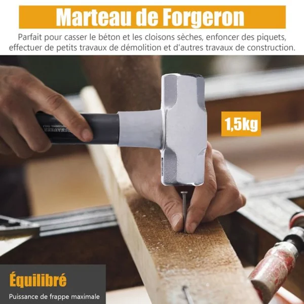 Ensemble de Marteaux 5PCS en Fer avec Poignée de Réduction des Chocs Kit Multi-outils avec Marteau à Panne Ronde et Panne Croisée Maillet