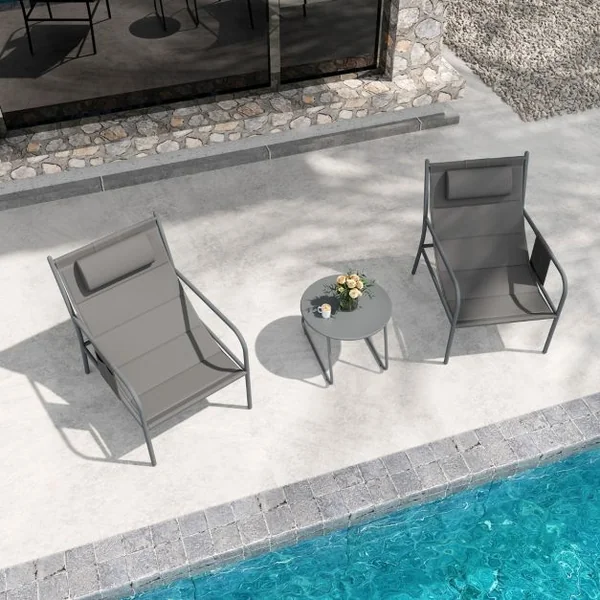 Ensemble de Meubles 3 Pcs de Patio Cadre en Métal Charge 150KG Salon de Jardin 2 Chaises 1 Table Basse avec Tissu Respirant Gris