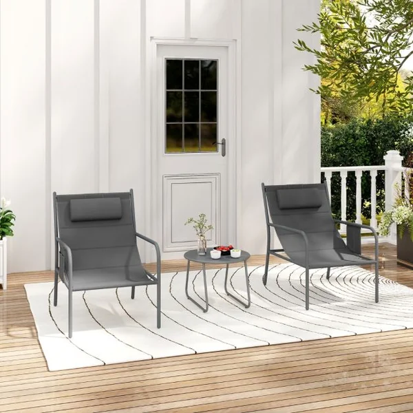 Ensemble de Meubles 3 Pcs de Patio Cadre en Métal Charge 150KG Salon de Jardin 2 Chaises 1 Table Basse avec Tissu Respirant Gris