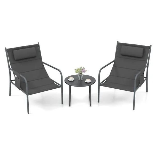 Ensemble de Meubles 3 Pcs de Patio Cadre en Métal Charge 150KG Salon de Jardin 2 Chaises 1 Table Basse avec Tissu Respirant Gris