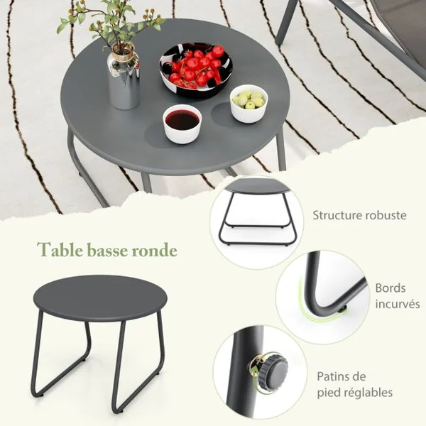 Ensemble de Meubles 3 Pcs de Patio Cadre en Métal Charge 150KG Salon de Jardin 2 Chaises 1 Table Basse avec Tissu Respirant Gris