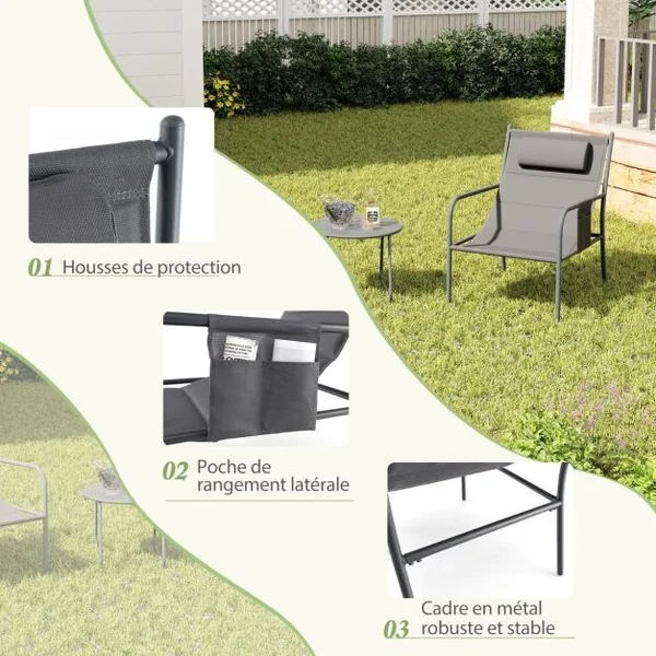 Ensemble de Meubles 3 Pcs de Patio Cadre en Métal Charge 150KG Salon de Jardin 2 Chaises 1 Table Basse avec Tissu Respirant Gris