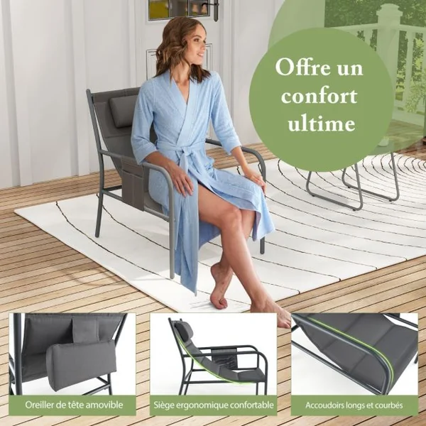 Ensemble de Meubles 3 Pcs de Patio Cadre en Métal Charge 150KG Salon de Jardin 2 Chaises 1 Table Basse avec Tissu Respirant Gris