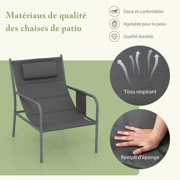 Ensemble de Meubles 3 Pcs de Patio Cadre en Métal Charge 150KG Salon de Jardin 2 Chaises 1 Table Basse avec Tissu Respirant Gris
