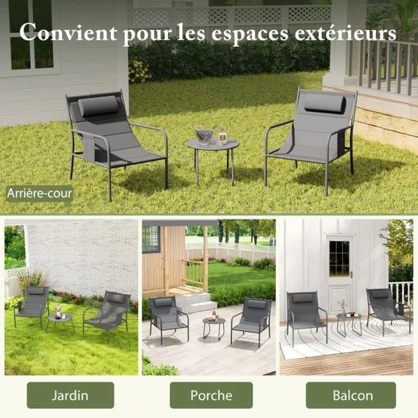 Ensemble de Meubles 3 Pcs de Patio Cadre en Métal Charge 150KG Salon de Jardin 2 Chaises 1 Table Basse avec Tissu Respirant Gris
