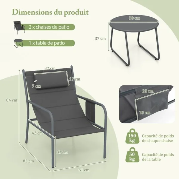 Ensemble de Meubles 3 Pcs de Patio Cadre en Métal Charge 150KG Salon de Jardin 2 Chaises 1 Table Basse avec Tissu Respirant Gris