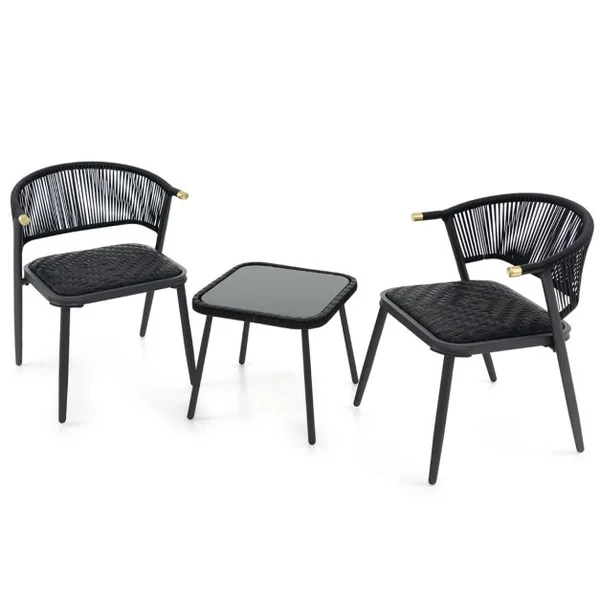 Ensemble de Meubles 3 Pcs de Patio en Rotin Charge 180KG Salon de Jardin Chaises Rembourrées en Mousse à Séchage Rapide Noir