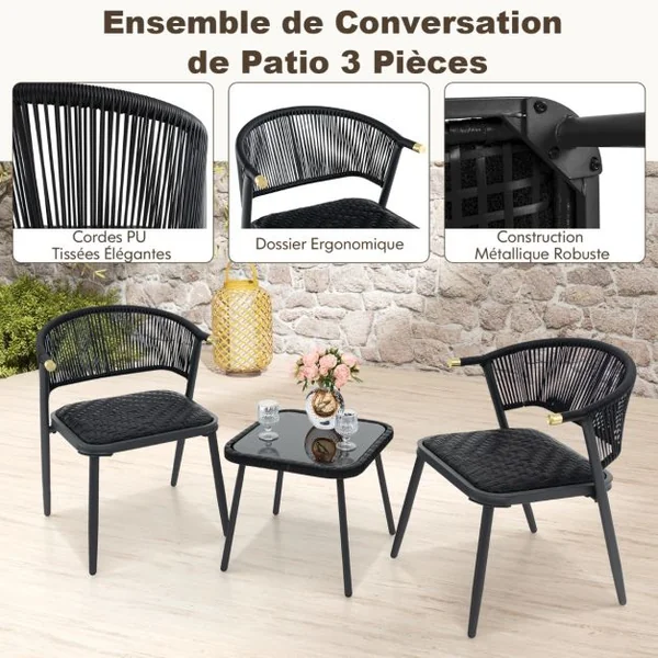 Ensemble de Meubles 3 Pcs de Patio en Rotin Charge 180KG Salon de Jardin Chaises Rembourrées en Mousse à Séchage Rapide Noir
