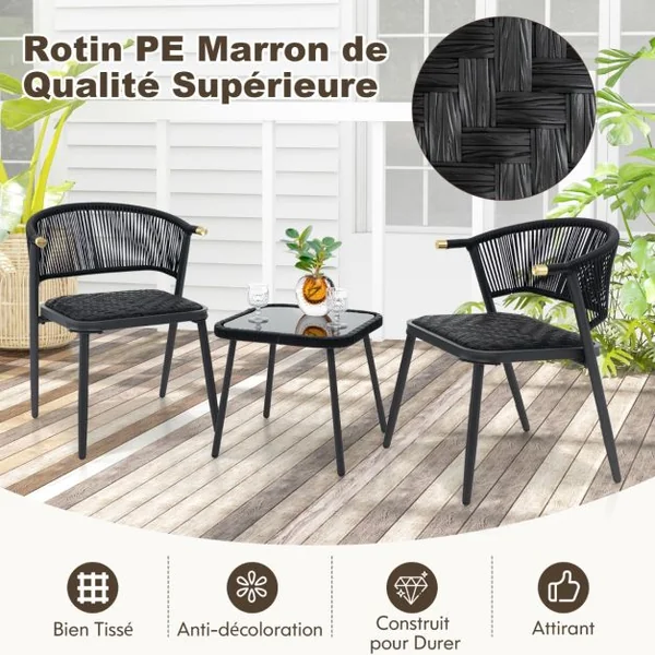 Ensemble de Meubles 3 Pcs de Patio en Rotin Charge 180KG Salon de Jardin Chaises Rembourrées en Mousse à Séchage Rapide Noir