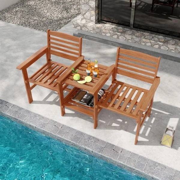 Ensemble de Meubles de Patio 2 Places en Bois Causeuse d'Extérieur avec Table Basse et Trou pour Parasol Ensemble de Conversation