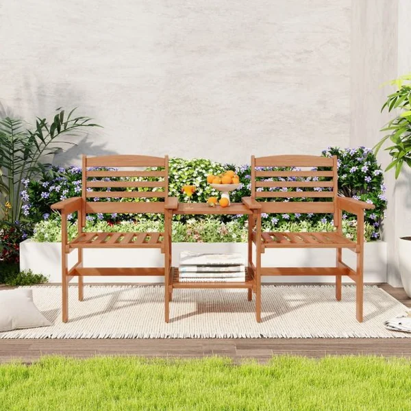Ensemble de Meubles de Patio 2 Places en Bois Causeuse d'Extérieur avec Table Basse et Trou pour Parasol Ensemble de Conversation