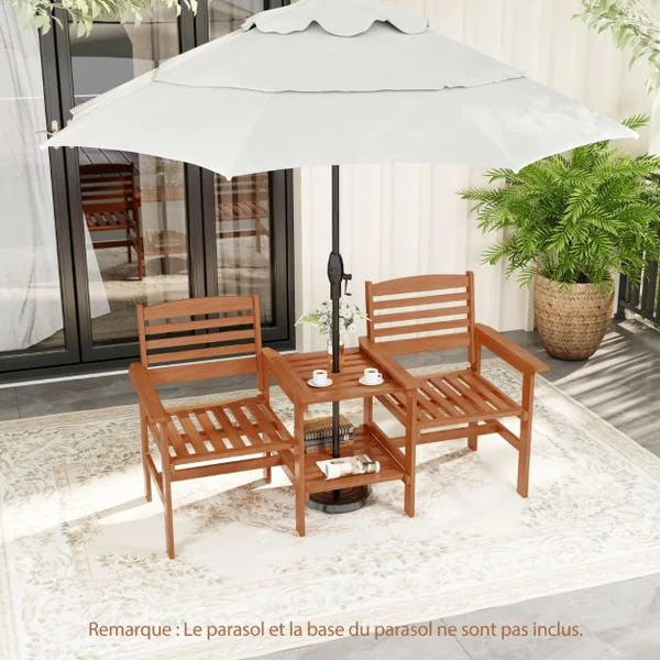 Ensemble de Meubles de Patio 2 Places en Bois Causeuse d'Extérieur avec Table Basse et Trou pour Parasol Ensemble de Conversation