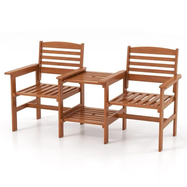 Ensemble de Meubles de Patio 2 Places en Bois Causeuse d'Extérieur avec Table Basse et Trou pour Parasol Ensemble de Conversation