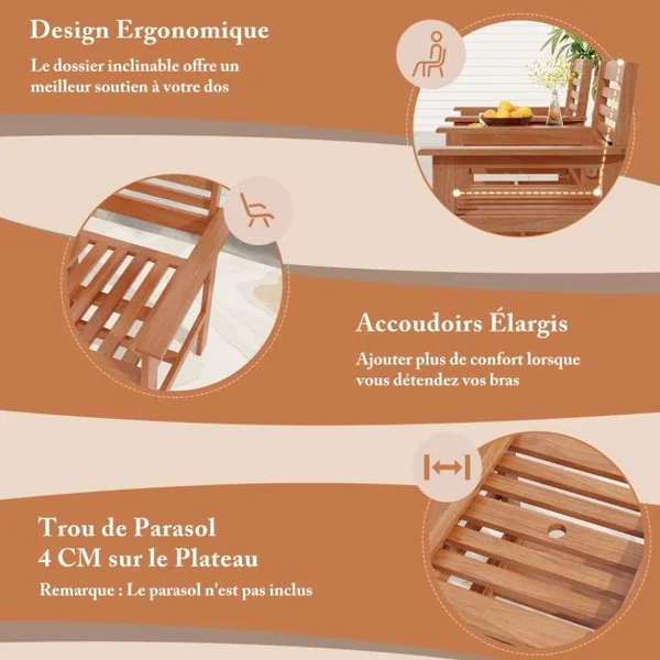 Ensemble de Meubles de Patio 2 Places en Bois Causeuse d'Extérieur avec Table Basse et Trou pour Parasol Ensemble de Conversation