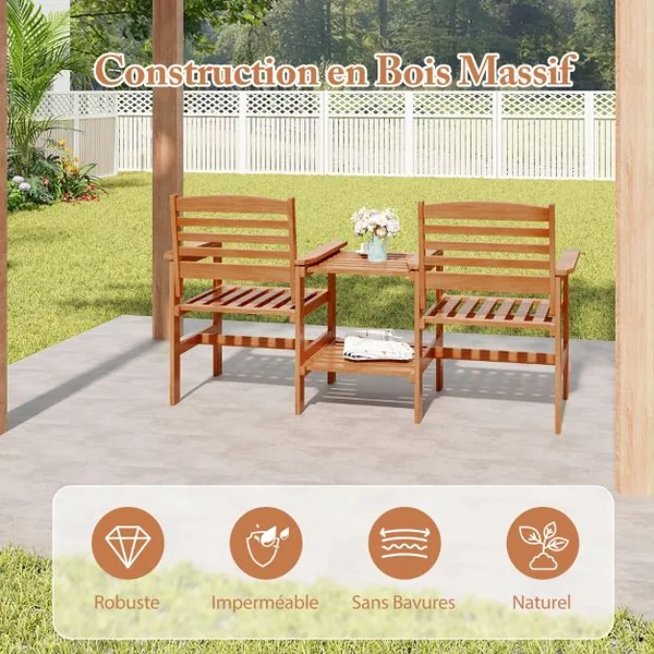 Ensemble de Meubles de Patio 2 Places en Bois Causeuse d'Extérieur avec Table Basse et Trou pour Parasol Ensemble de Conversation