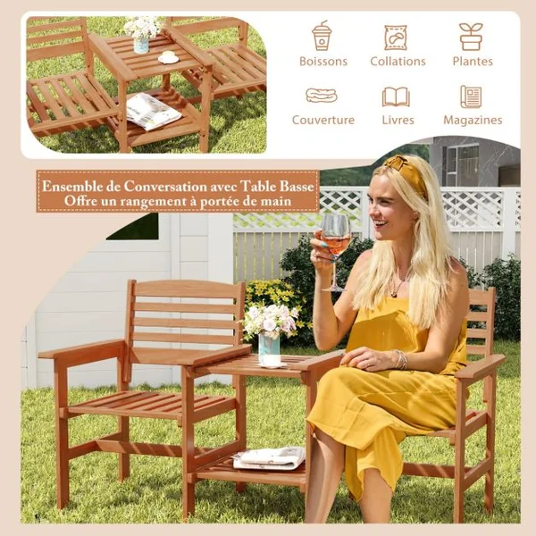 Ensemble de Meubles de Patio 2 Places en Bois Causeuse d'Extérieur avec Table Basse et Trou pour Parasol Ensemble de Conversation