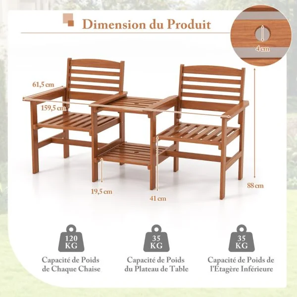 Ensemble de Meubles de Patio 2 Places en Bois Causeuse d'Extérieur avec Table Basse et Trou pour Parasol Ensemble de Conversation