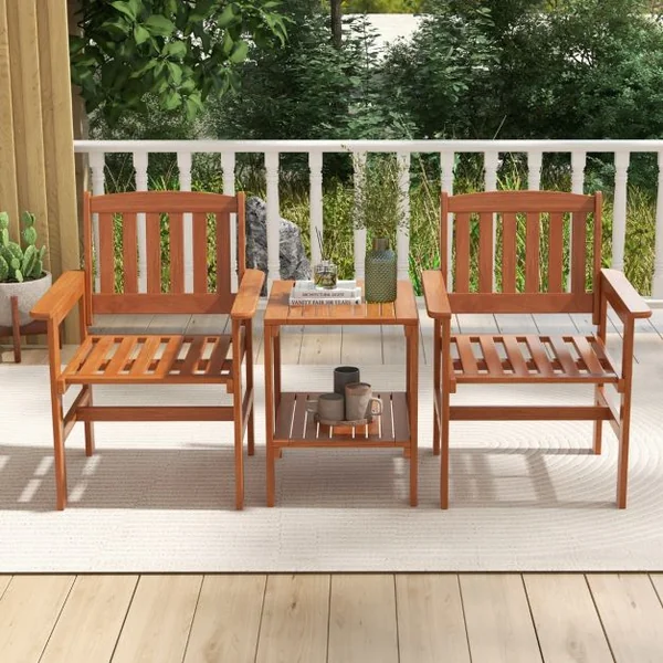 Ensemble de Meubles de Patio 2 Places en Bois Salon de Jardin avec 2 Chaises Table Basse et Trou pour Parasol