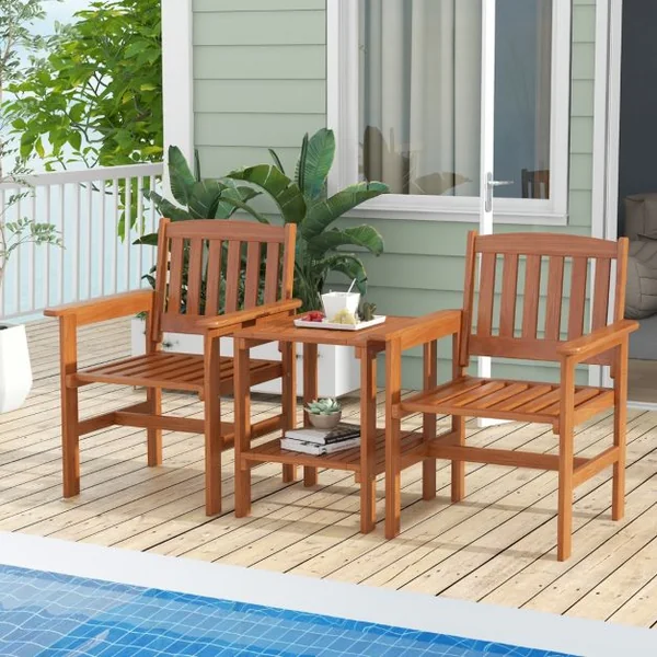 Ensemble de Meubles de Patio 2 Places en Bois Salon de Jardin avec 2 Chaises Table Basse et Trou pour Parasol