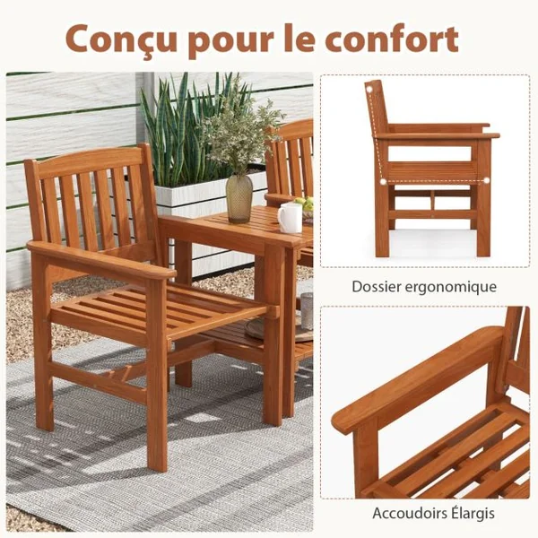 Ensemble de Meubles de Patio 2 Places en Bois Salon de Jardin avec 2 Chaises Table Basse et Trou pour Parasol