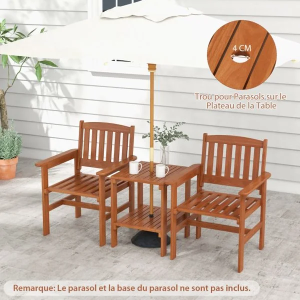 Ensemble de Meubles de Patio 2 Places en Bois Salon de Jardin avec 2 Chaises Table Basse et Trou pour Parasol