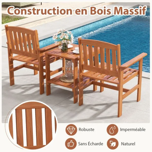 Ensemble de Meubles de Patio 2 Places en Bois Salon de Jardin avec 2 Chaises Table Basse et Trou pour Parasol