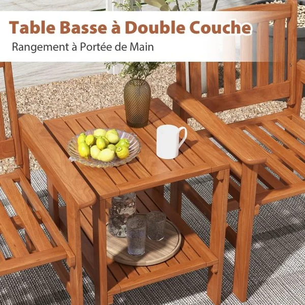 Ensemble de Meubles de Patio 2 Places en Bois Salon de Jardin avec 2 Chaises Table Basse et Trou pour Parasol