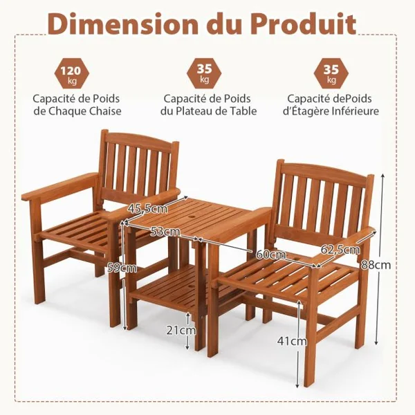 Ensemble de Meubles de Patio 2 Places en Bois Salon de Jardin avec 2 Chaises Table Basse et Trou pour Parasol