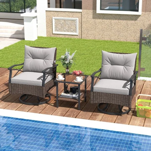 Ensemble de Meubles de Patio 3 Pièces en Rotin avec 2 Chaises à Bascule Pivotantes à 360° & 1 Table Basse en Verre Trempé à 2 Niveaux Marron