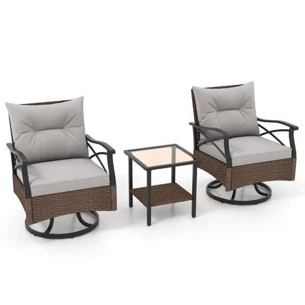 Ensemble de Meubles de Patio 3 Pièces en Rotin avec 2 Chaises à Bascule Pivotantes à 360° & 1 Table Basse en Verre Trempé à 2 Niveaux Marron