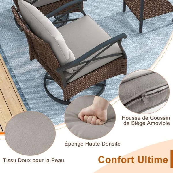 Ensemble de Meubles de Patio 3 Pièces en Rotin avec 2 Chaises à Bascule Pivotantes à 360° & 1 Table Basse en Verre Trempé à 2 Niveaux Marron