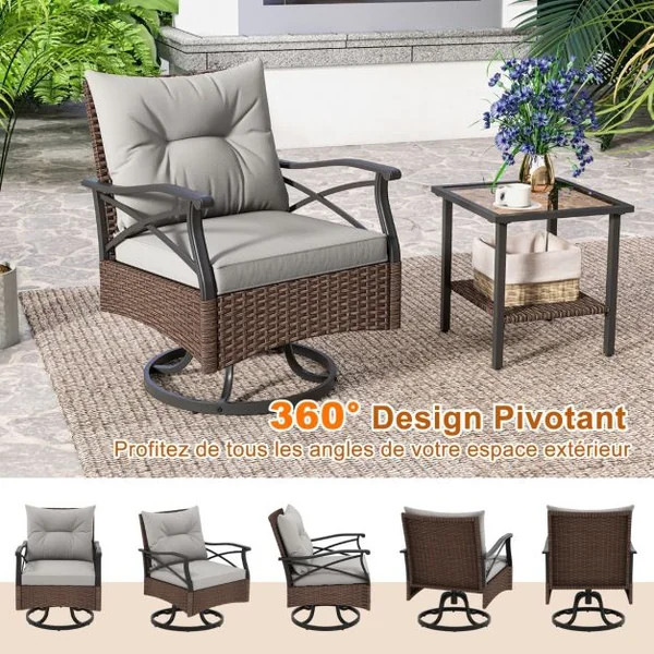 Ensemble de Meubles de Patio 3 Pièces en Rotin avec 2 Chaises à Bascule Pivotantes à 360° & 1 Table Basse en Verre Trempé à 2 Niveaux Marron