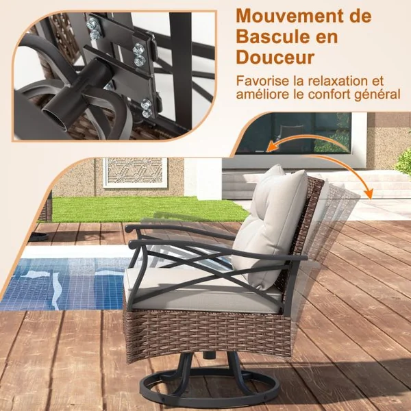 Ensemble de Meubles de Patio 3 Pièces en Rotin avec 2 Chaises à Bascule Pivotantes à 360° & 1 Table Basse en Verre Trempé à 2 Niveaux Marron