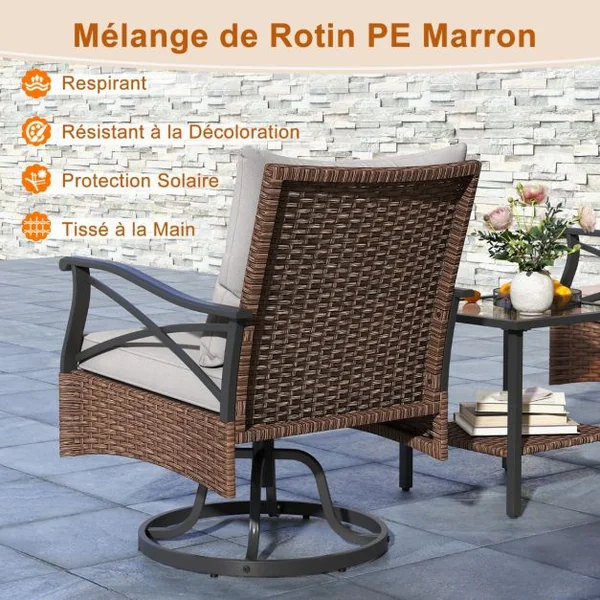 Ensemble de Meubles de Patio 3 Pièces en Rotin avec 2 Chaises à Bascule Pivotantes à 360° & 1 Table Basse en Verre Trempé à 2 Niveaux Marron