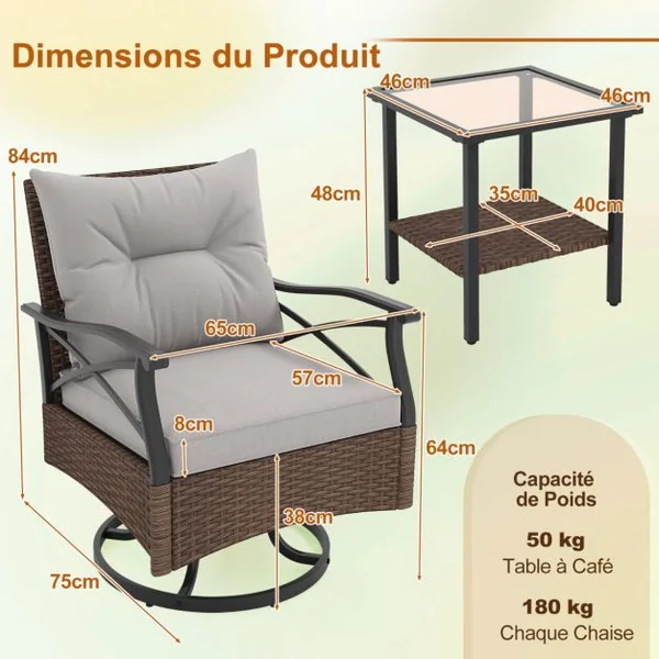 Ensemble de Meubles de Patio 3 Pièces en Rotin avec 2 Chaises à Bascule Pivotantes à 360° & 1 Table Basse en Verre Trempé à 2 Niveaux Marron