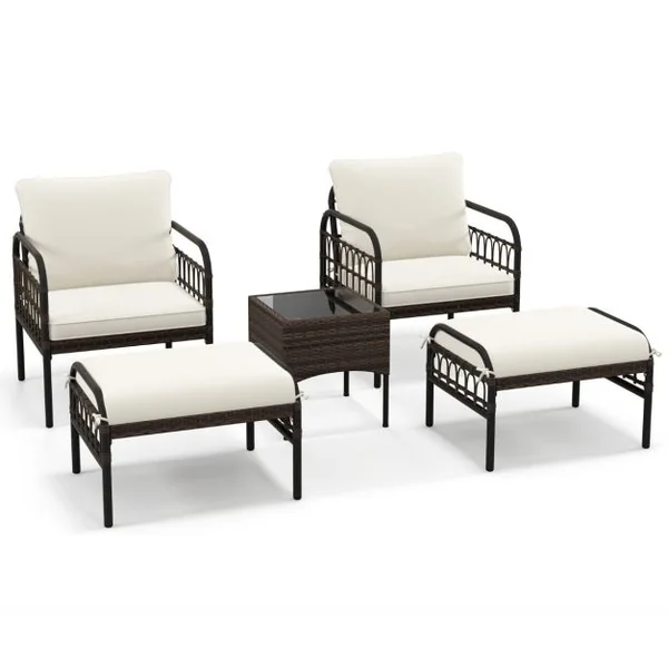 Ensemble de Meubles de Patio 5 Pièces en Osier Tissé Salon de Jardin avec Ottomans et Table Basse Coussins de Siège et de Dossier Beige