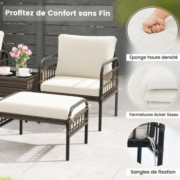 Ensemble de Meubles de Patio 5 Pièces en Osier Tissé Salon de Jardin avec Ottomans et Table Basse Coussins de Siège et de Dossier Beige