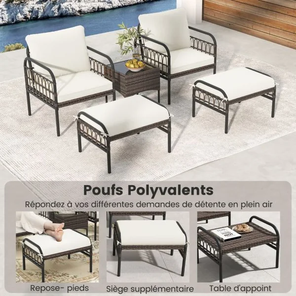 Ensemble de Meubles de Patio 5 Pièces en Osier Tissé Salon de Jardin avec Ottomans et Table Basse Coussins de Siège et de Dossier Beige