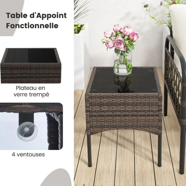 Ensemble de Meubles de Patio 5 Pièces en Osier Tissé Salon de Jardin avec Ottomans et Table Basse Coussins de Siège et de Dossier Beige