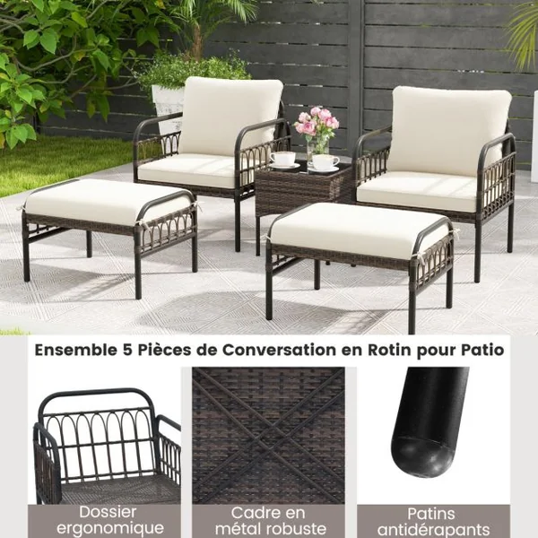 Ensemble de Meubles de Patio 5 Pièces en Osier Tissé Salon de Jardin avec Ottomans et Table Basse Coussins de Siège et de Dossier Beige