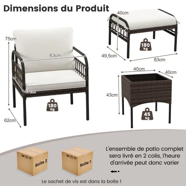 Ensemble de Meubles de Patio 5 Pièces en Osier Tissé Salon de Jardin avec Ottomans et Table Basse Coussins de Siège et de Dossier Beige