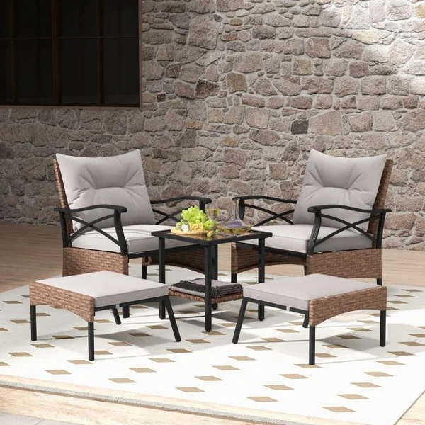 Ensemble de Meubles de Patio 5 Pièces Salon de Jardin en Rotin avec 2 Chaises 2 Poufs et 1 Table Basse Plateau en Verre Trempé Coussins Doux